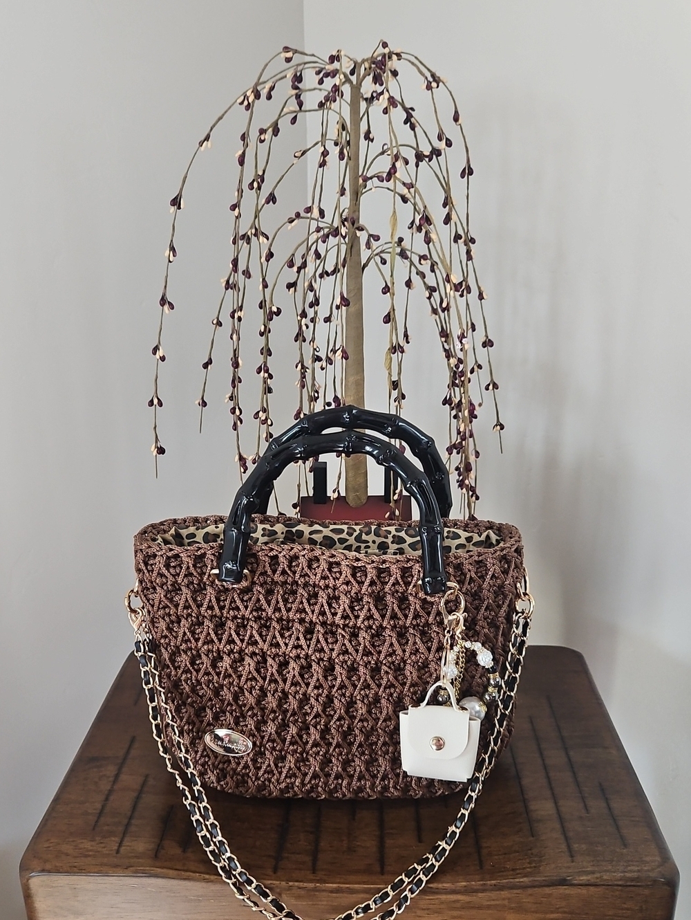 Hand Crocheted By Me Brown Shoulder Bag with Black Handles and Chain Strap